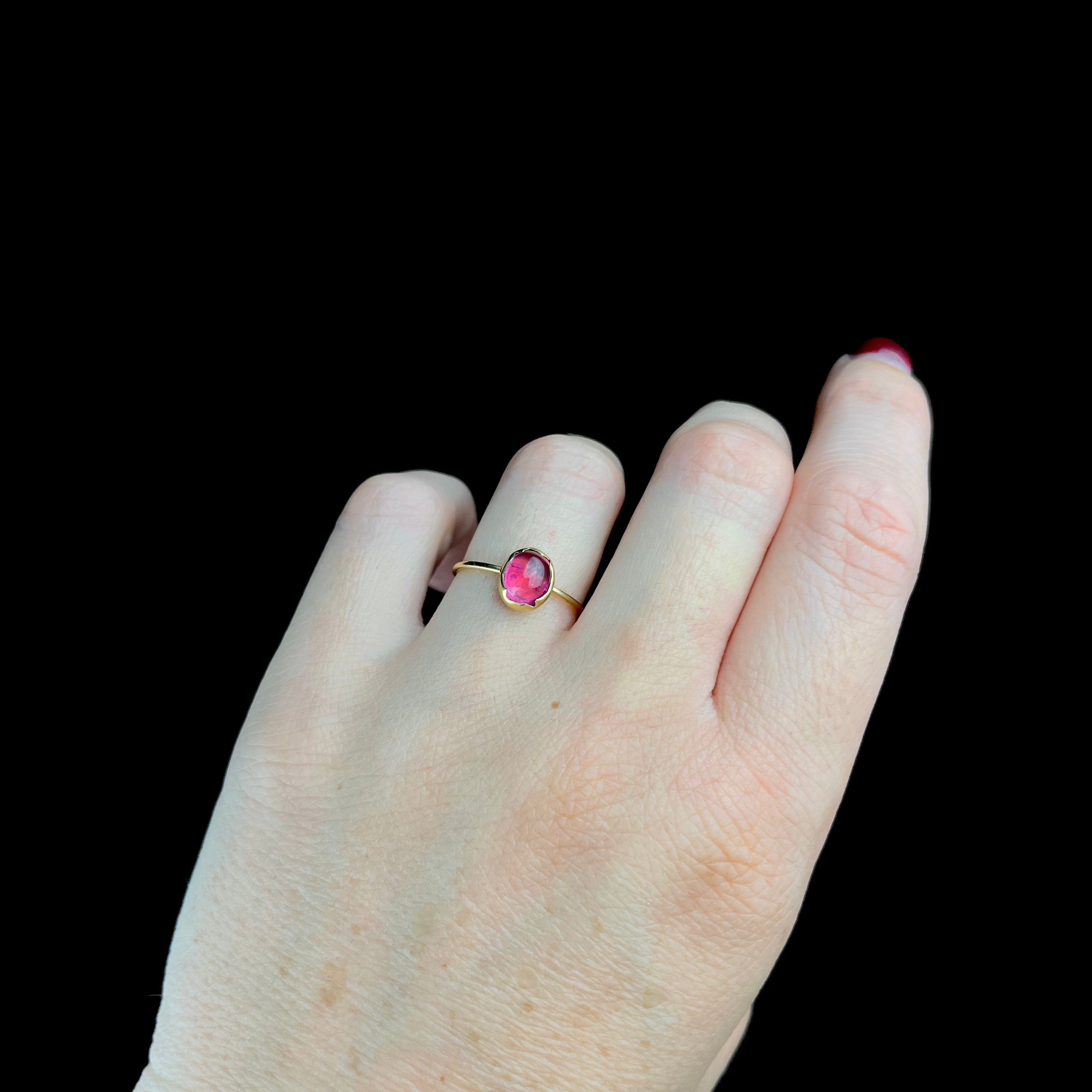 Hand wearing a ring with a pink gemstone on a black background