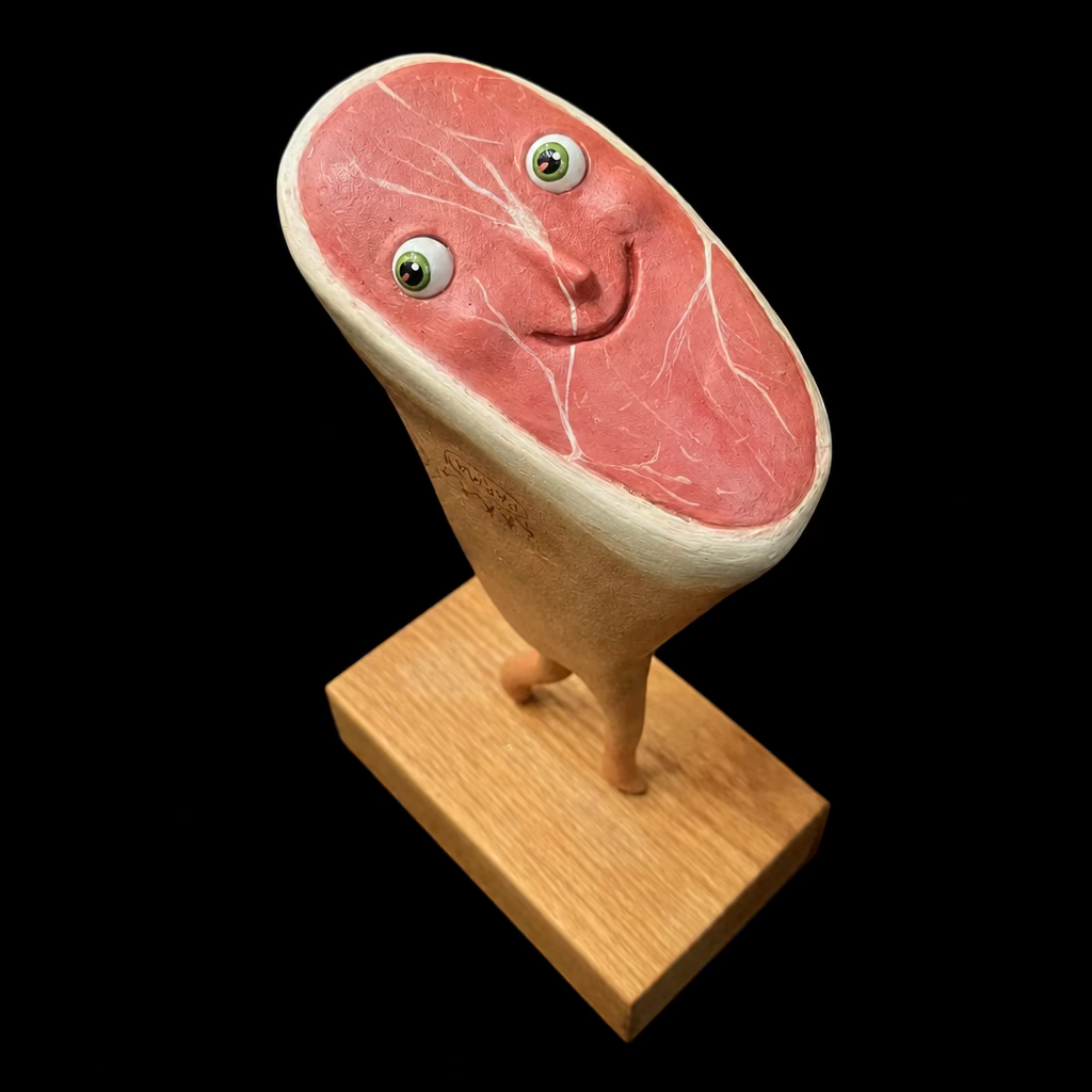 lifelike sculpture of prosciutto with eyes and feet on wooden block