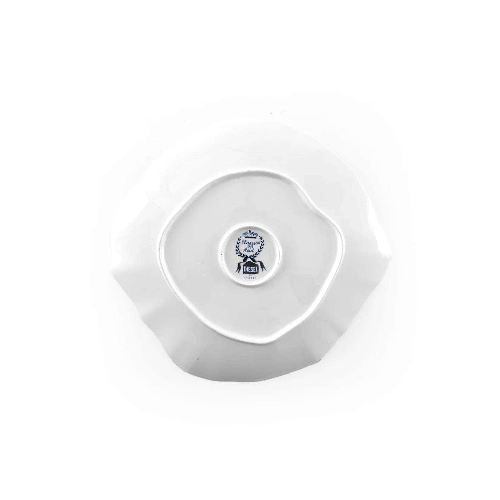 White ceramic plate with a logo on a white background