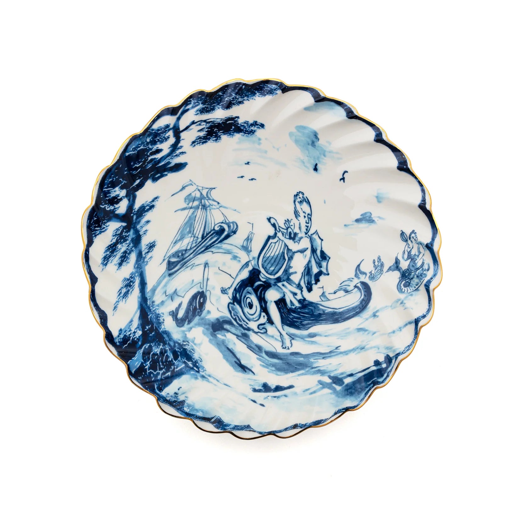 Decorative plate with blue and white artistic design on a white background