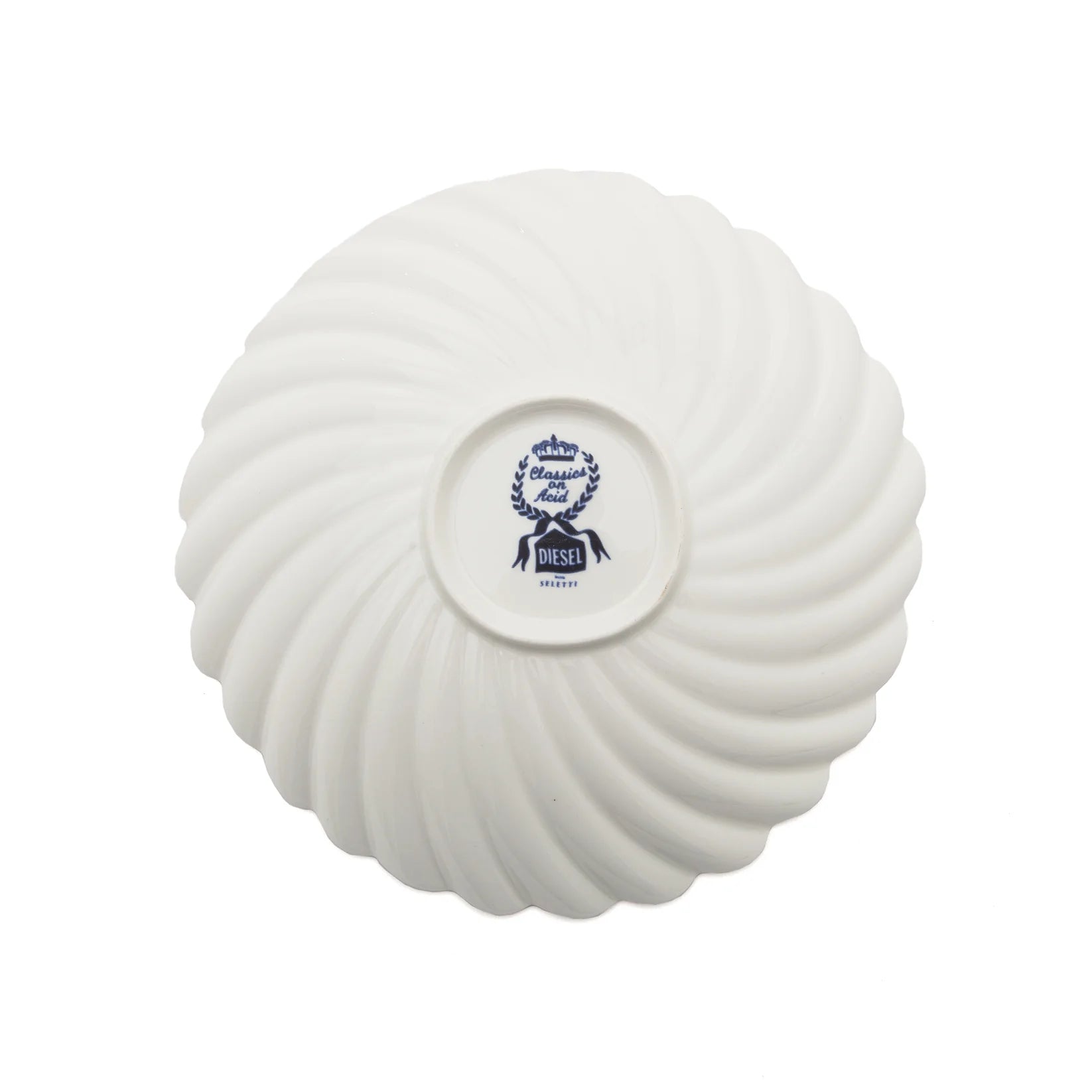 White textured object with a circular logo featuring a blue deer design on a white background