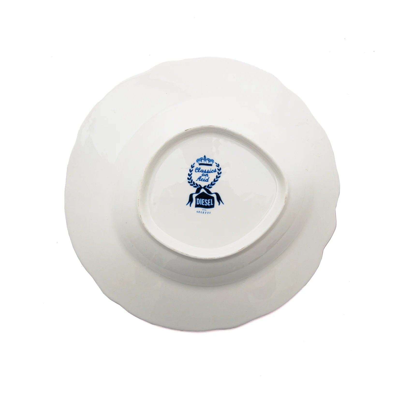 White ceramic plate with blue logo on a white background