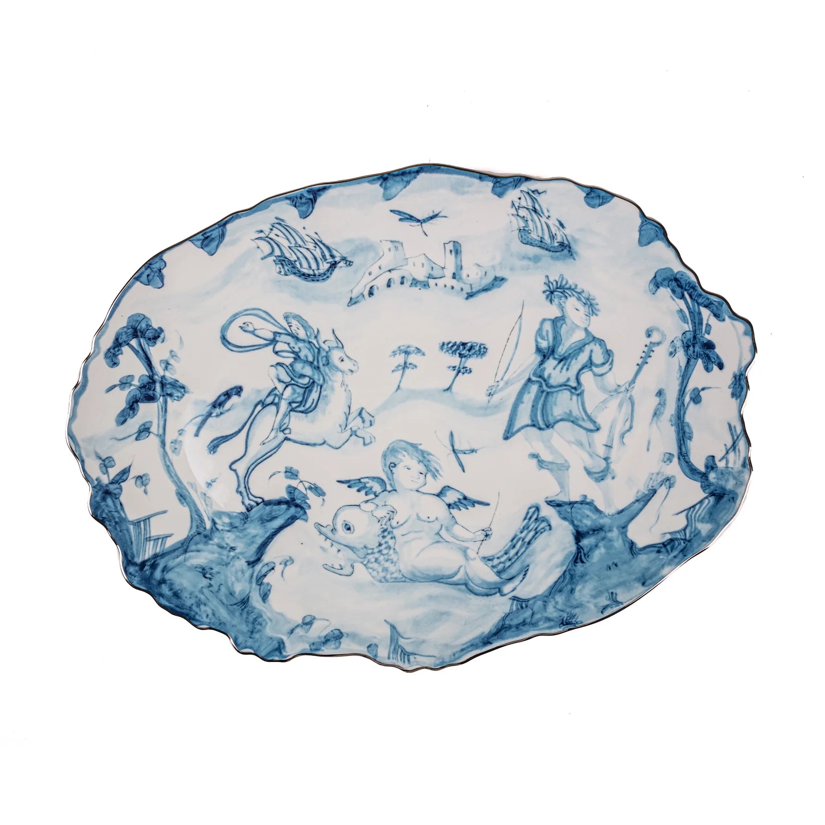 Decorative plate with blue and white designs on a white background