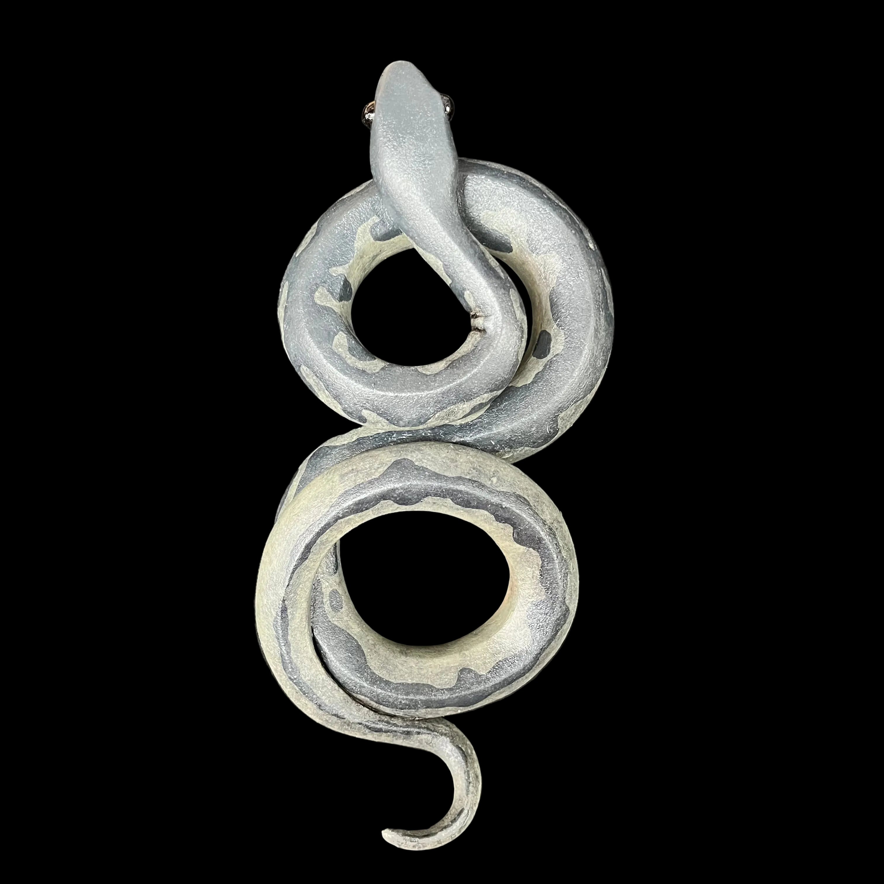 Gray snake-shaped earrings on a dark gray background