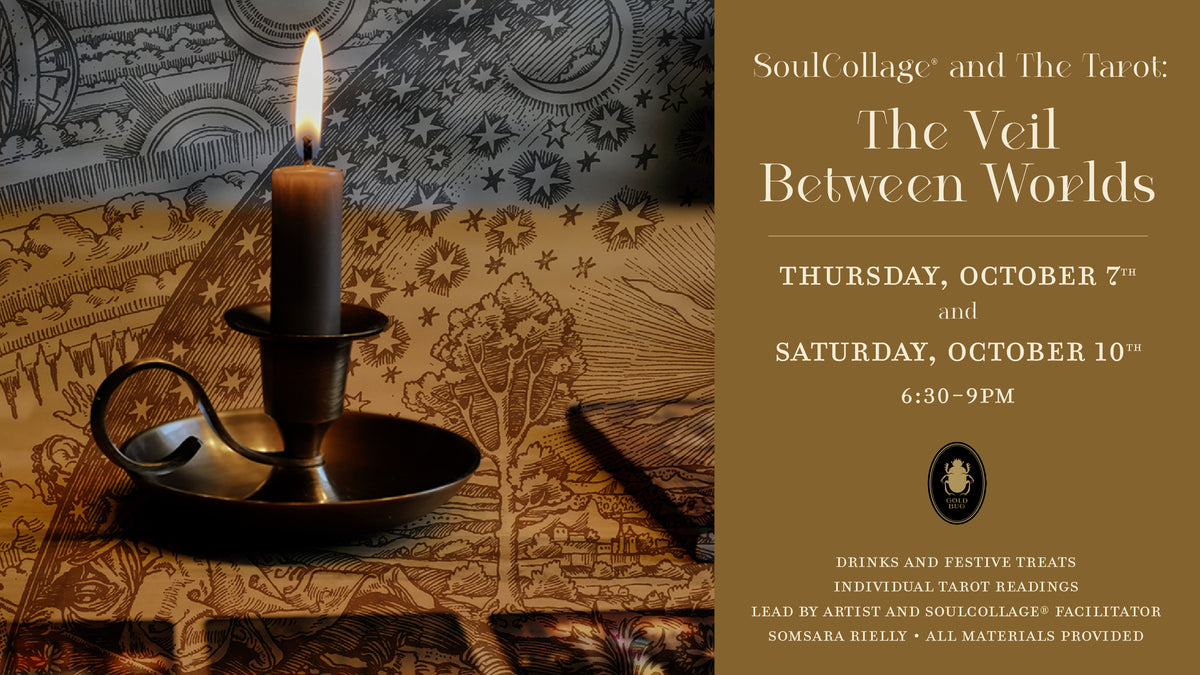 Promotional poster for 'The Veil Between Worlds' event by SoulCollage and The Tarot, featuring a lit candle on a brass holder over tarot card artwork, with event text on a brown side panel.