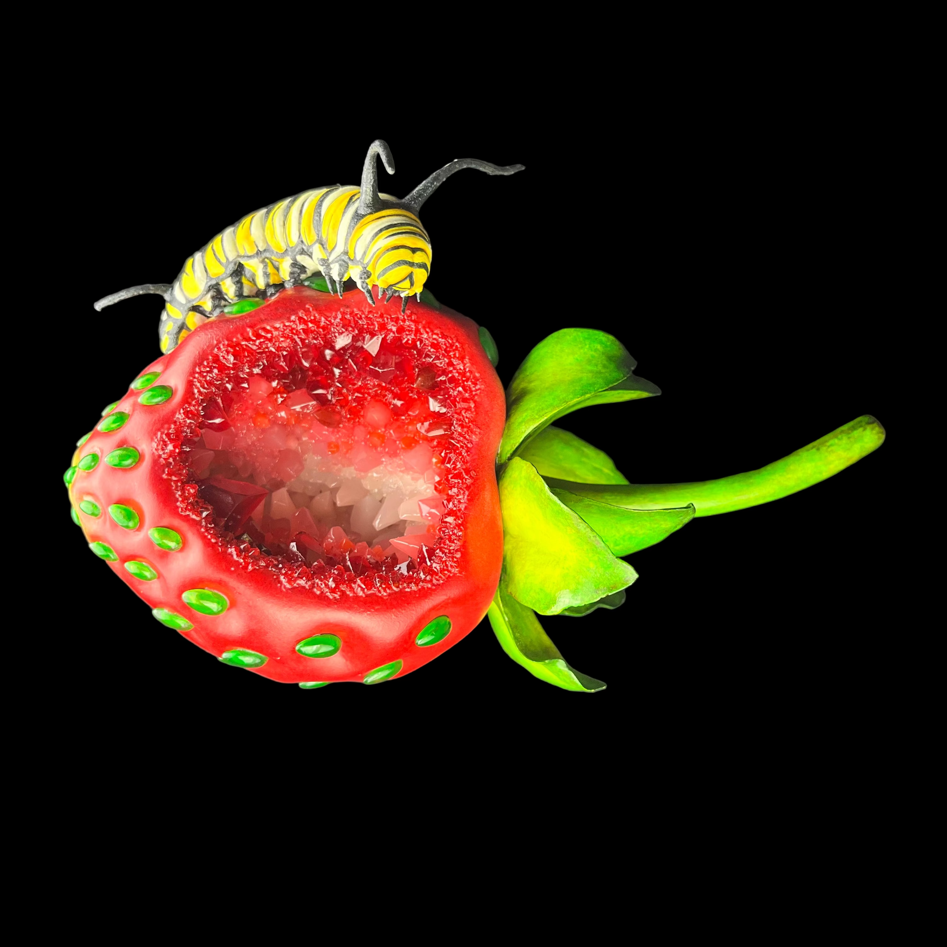 Strawberry with a caterpillar on a black background