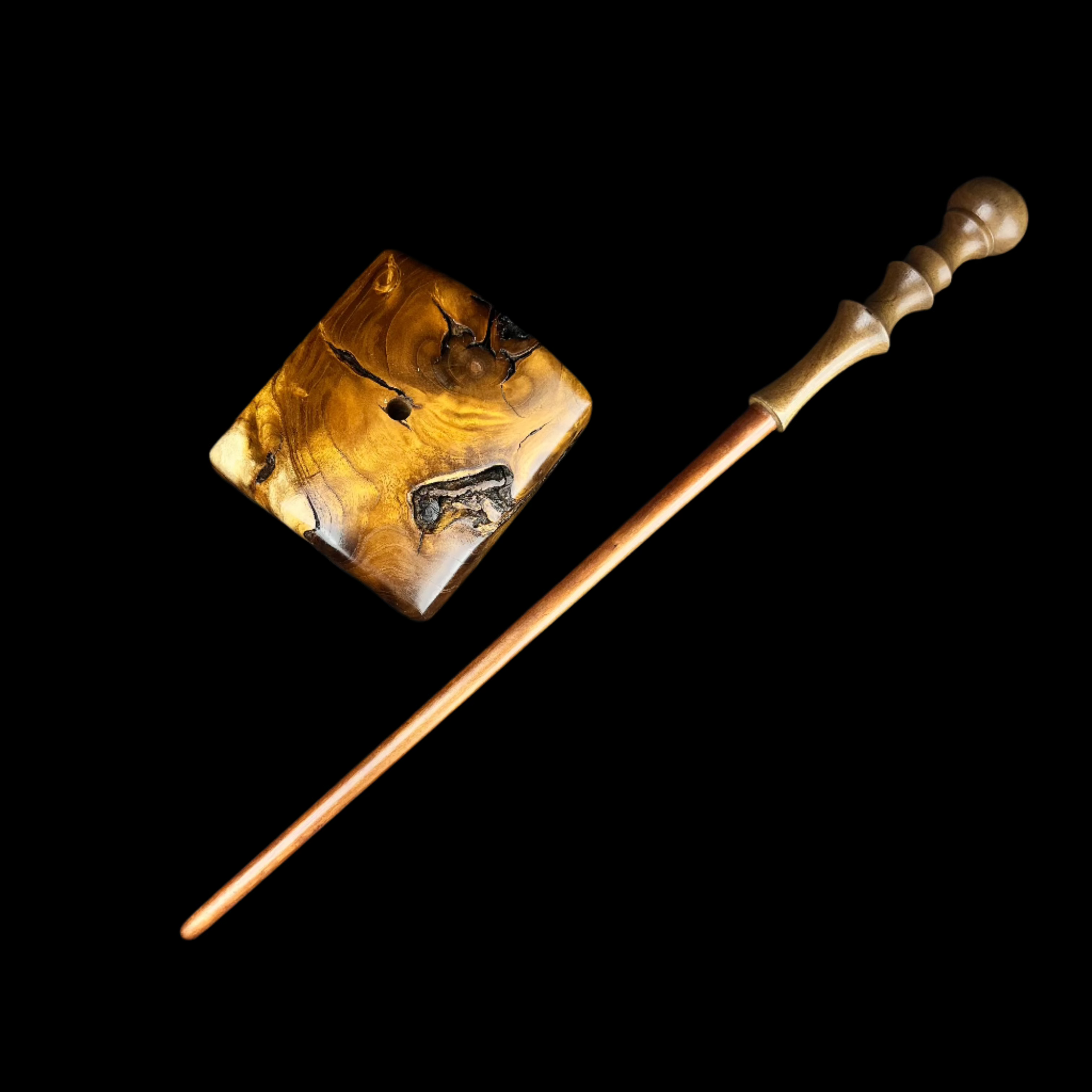 Rectangular base with rounded wood wand sitting right