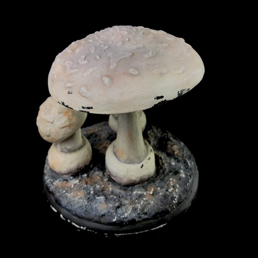 Top View of paper mache amanita Virosa mushroom model measuring 5" tall and 5" wide at the base.