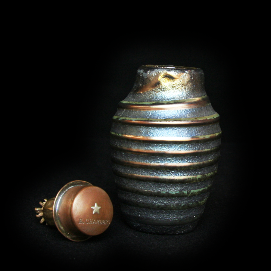 Lustre Glass Jar with bottom view of removed lid stamped with Chamber's name