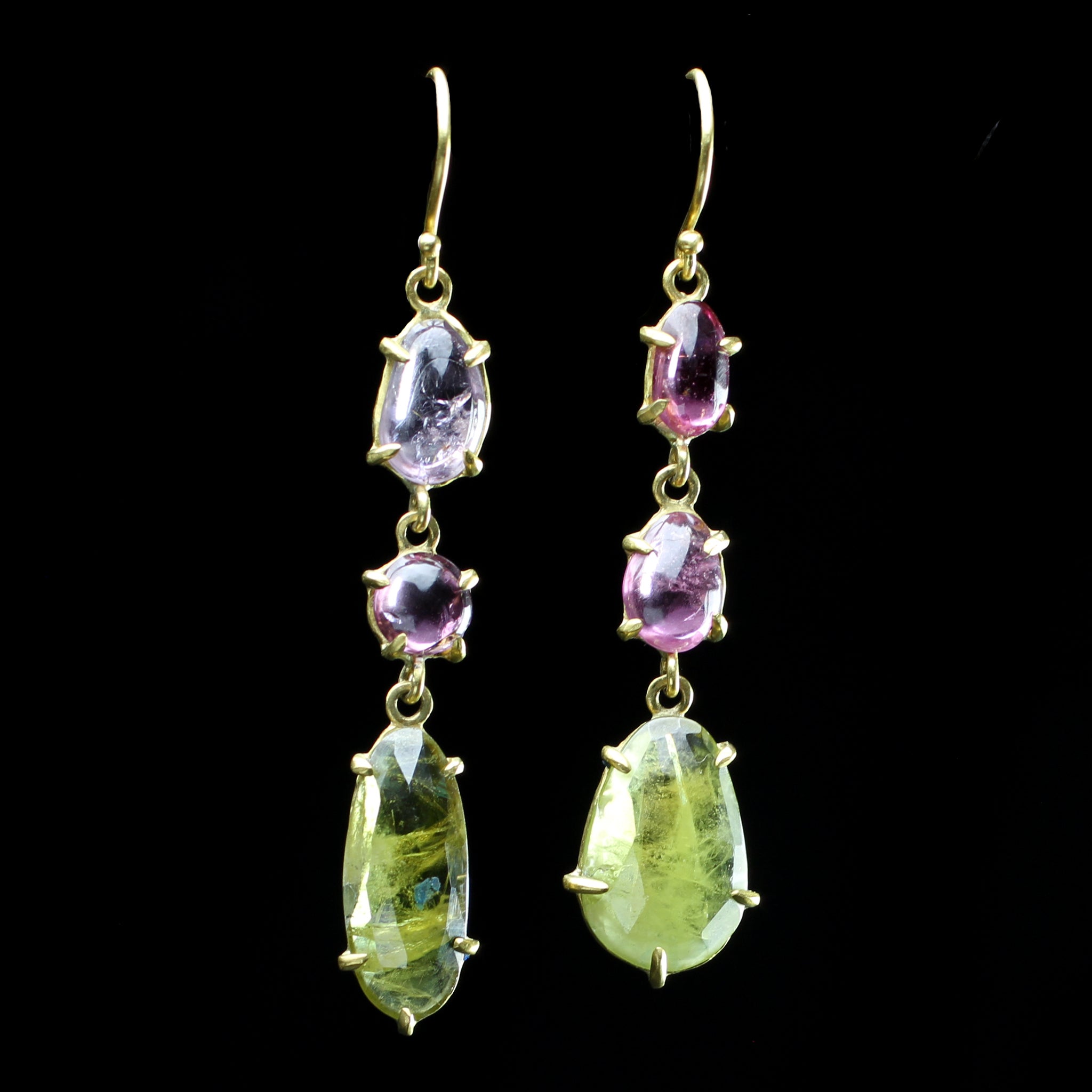 Pink and purple spinel stone hearrings hand made by jewelry designer margery Hirschey