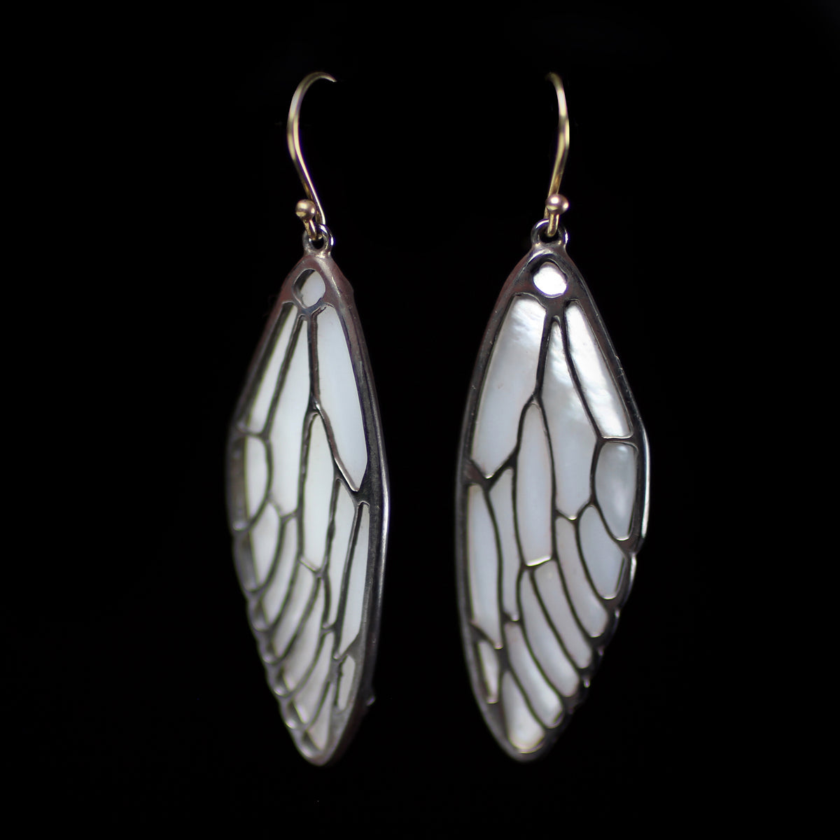 Mother of pearl butterfly wing earrings desinged by fine jeweler Annette Ferdinandsen