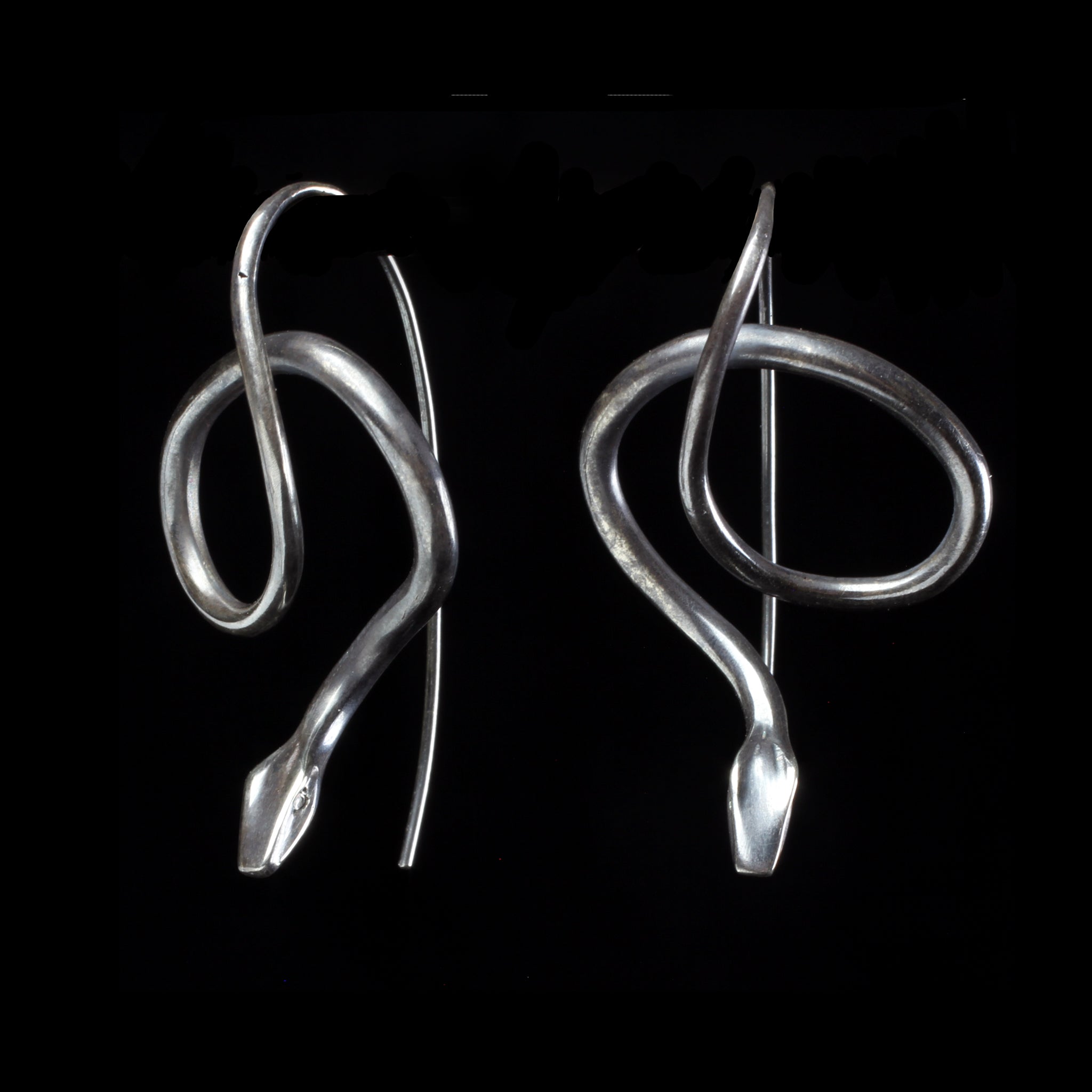 Oxidized Silver Snake Earrings showing front and side view