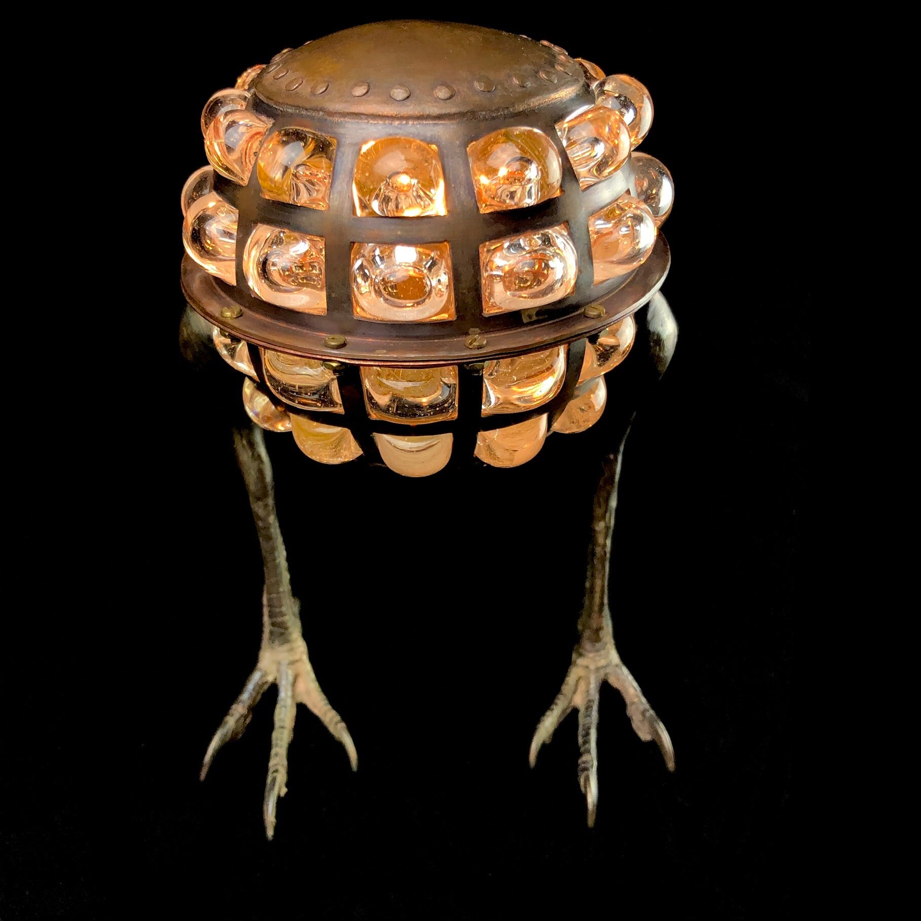 Front view of Dandelion Hawk Lamp with Rivets