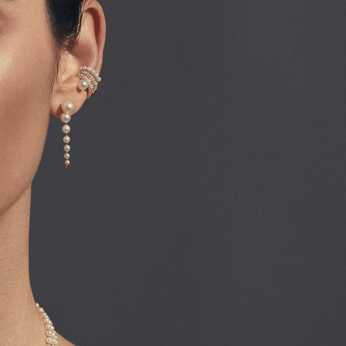 Short Cascading Pearl Earrings shown worn for size reference