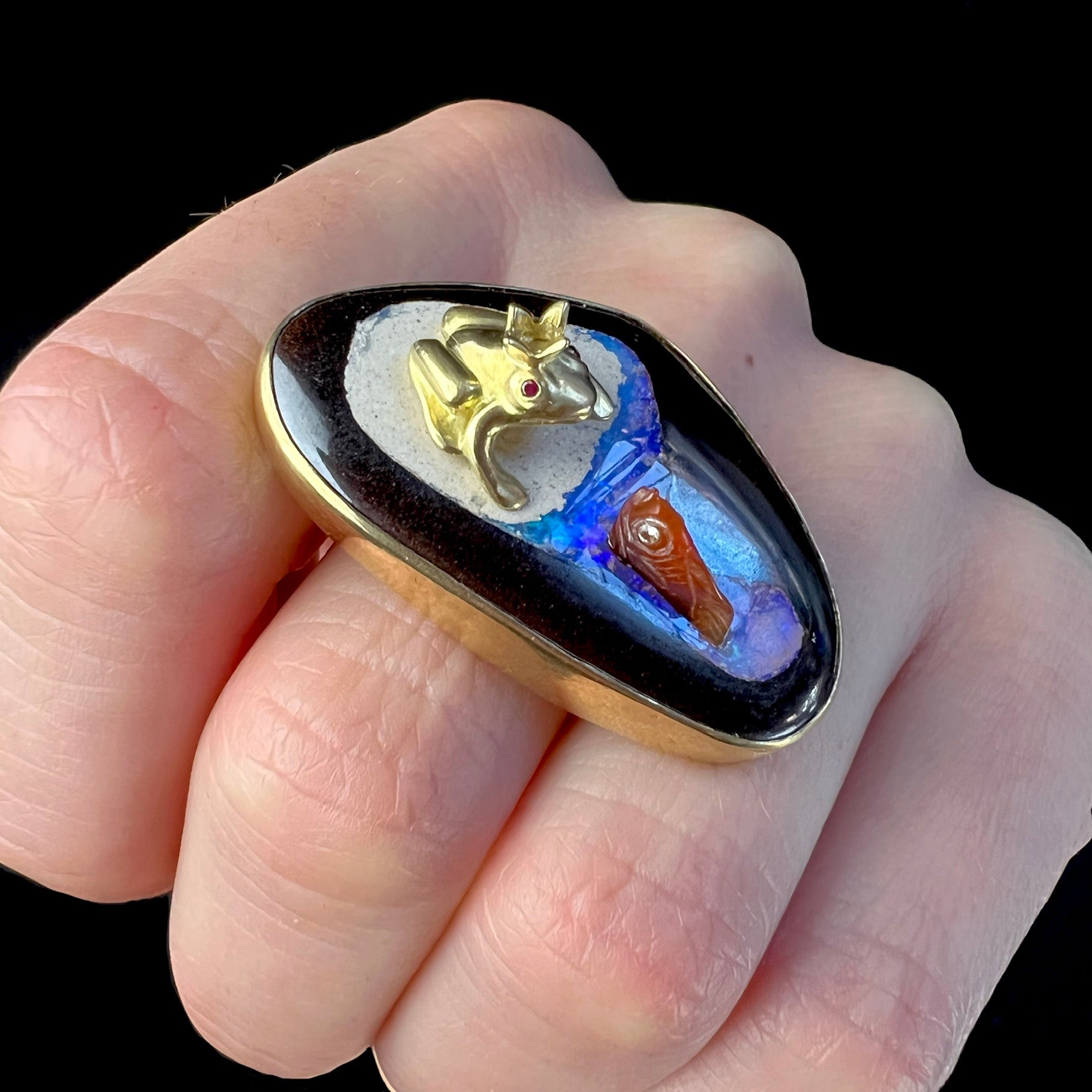 Enchanted Opal Pond Ring worn on finger for size