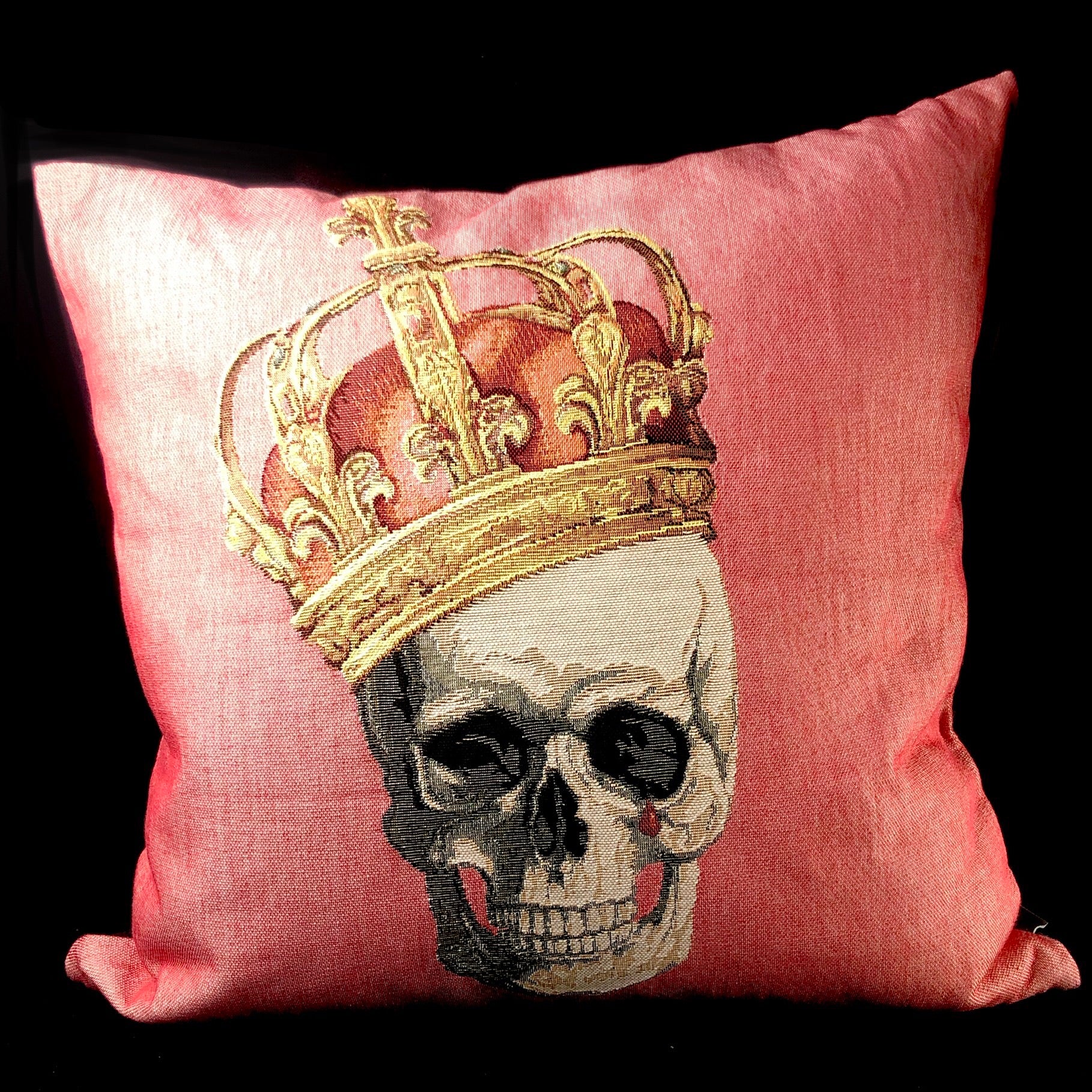 Front view of Pink Crowned Skull Pillow