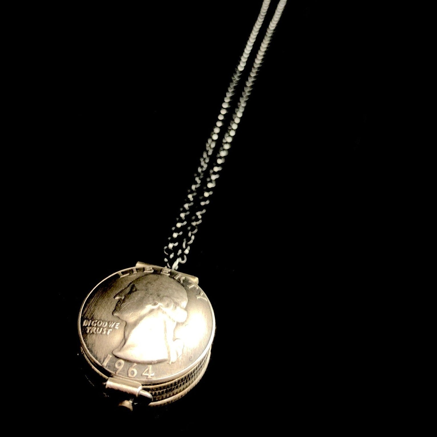 Closeup Top view of Quarter Coin Locket Necklace