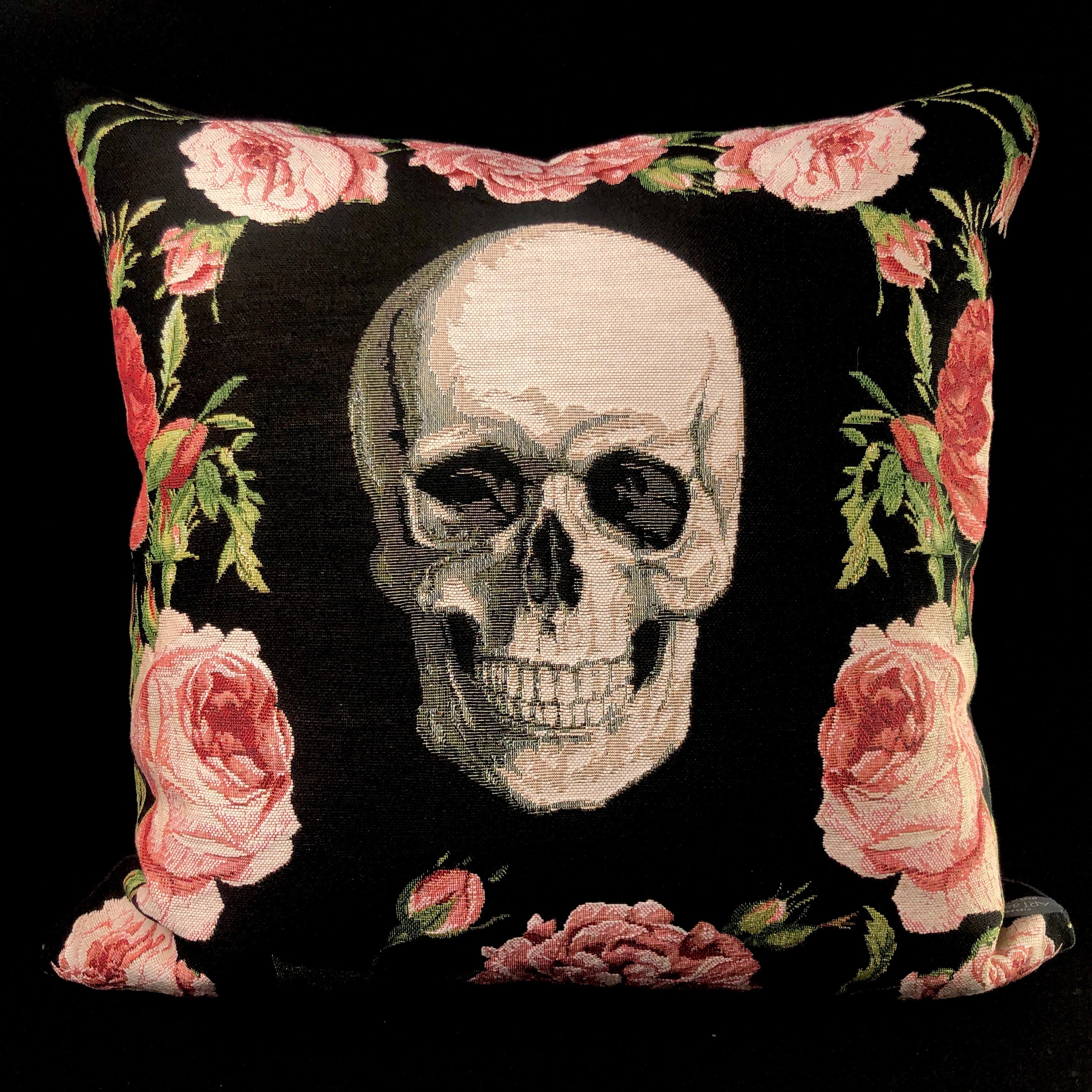 Front View of Roses and Skull Pillow