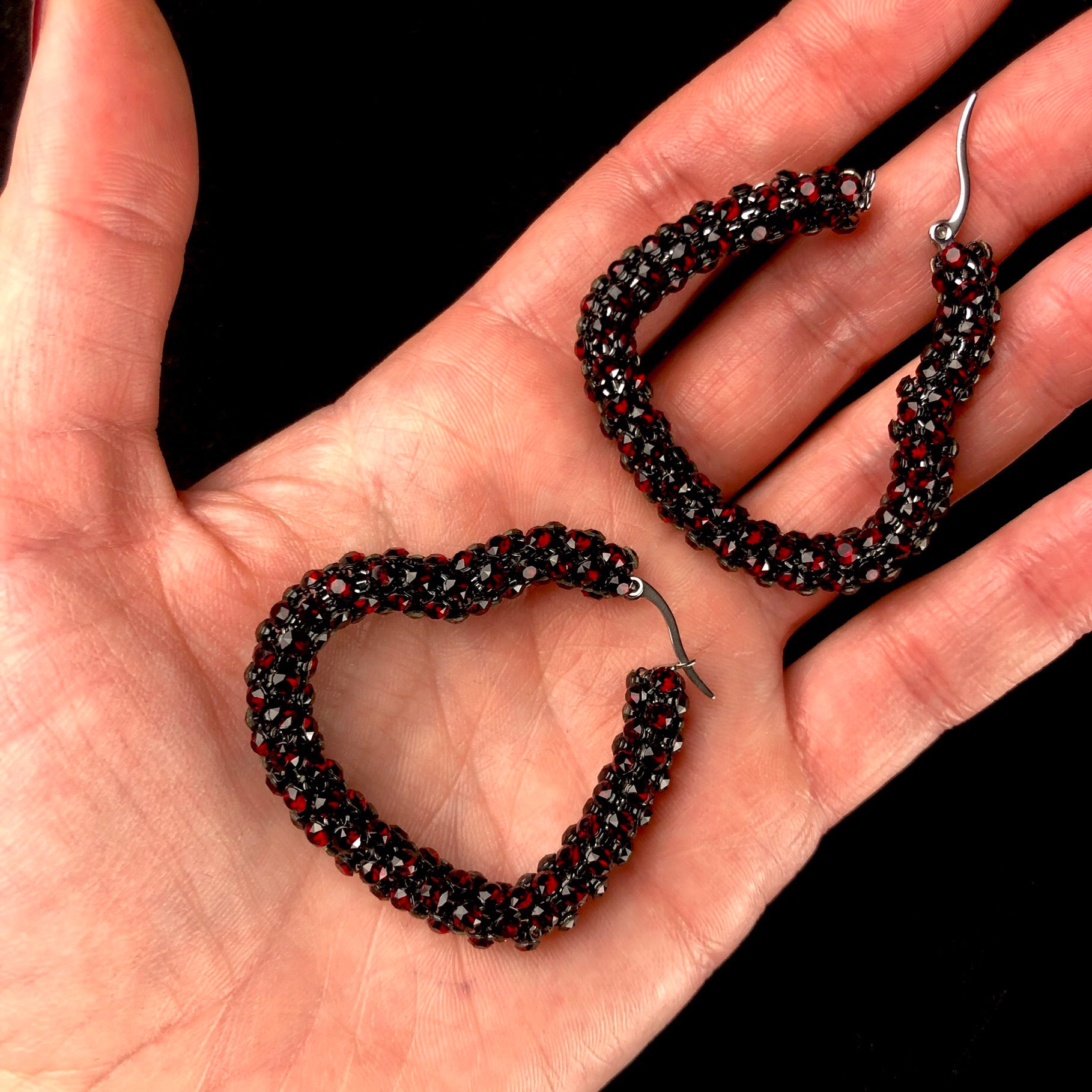 Small Dark Red HEART Swarovski Crystal Hoop Earrings