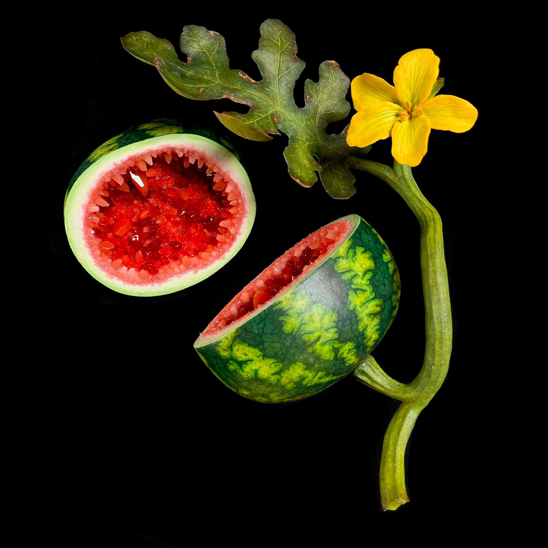 Side view of watermelon sculpture highlighting realistic skin pattern