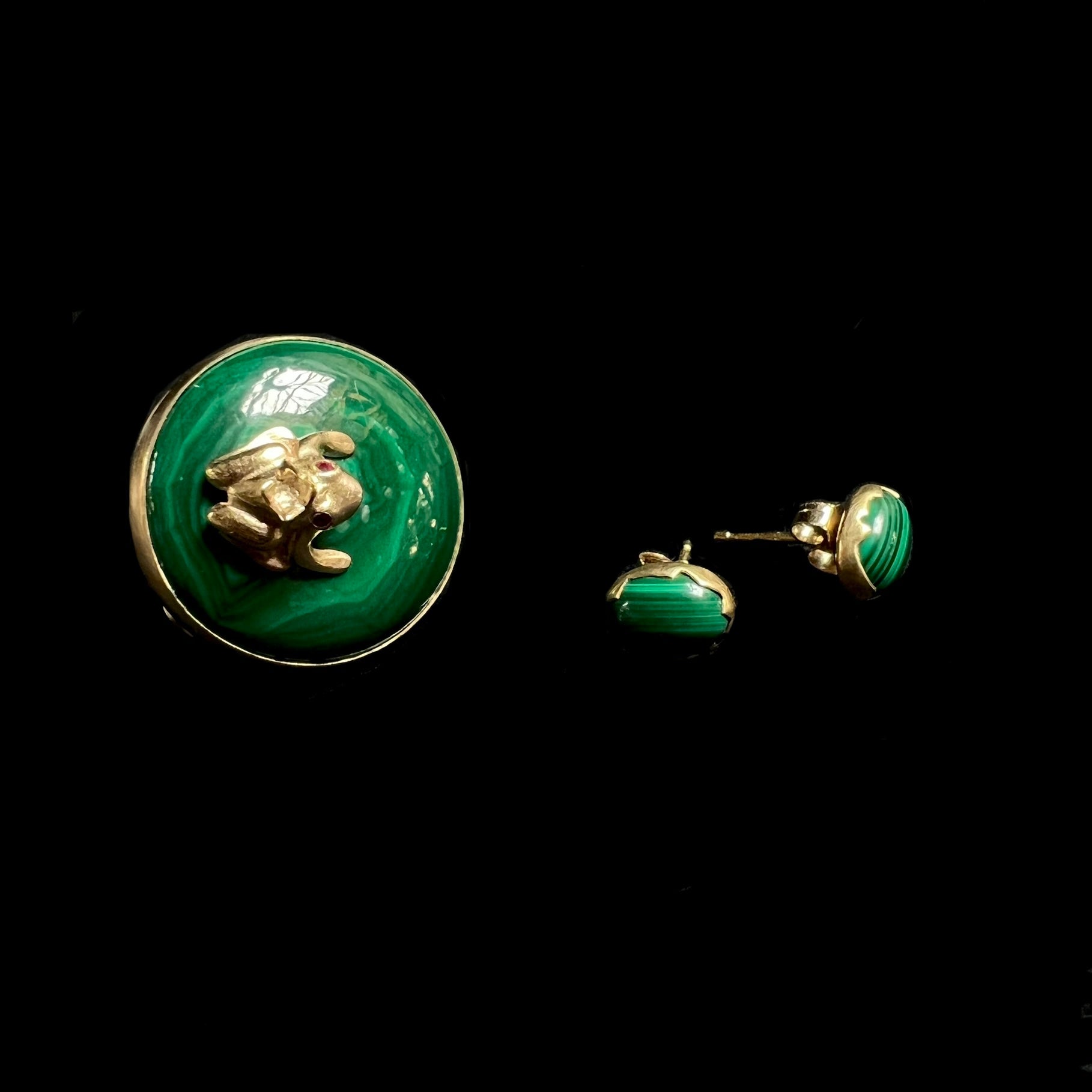 Prince Charming Malachite Ring shown with matching Malachite stone stud earrings