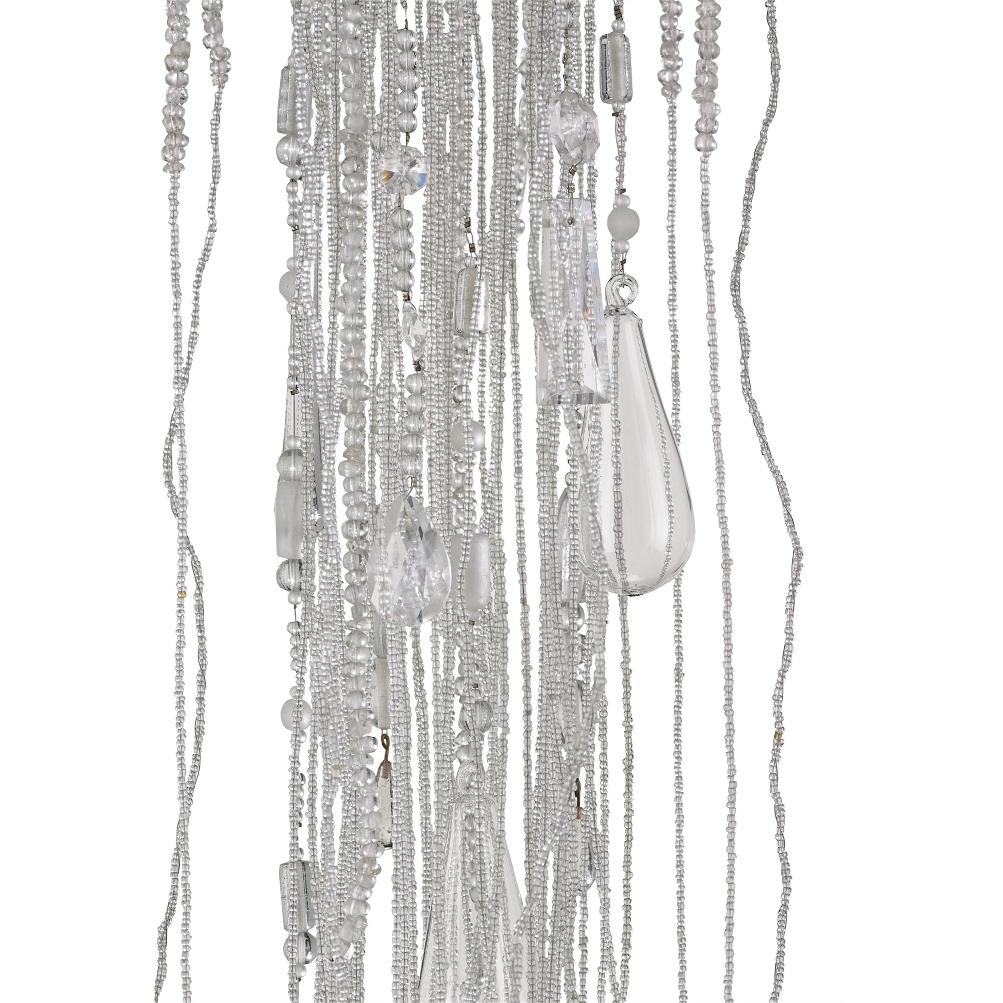 Detail view of clear glass beaded strands hanging from Medusa Light